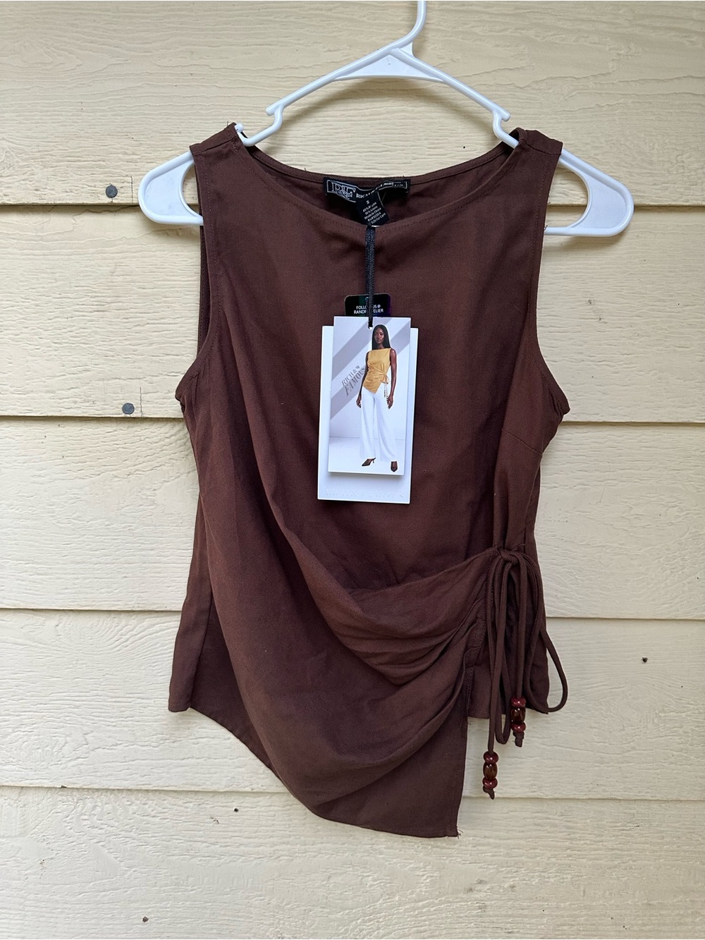 rich 8 famous Women's Brown Sleeveless Wrap Blouse Ruched
Side Tie Asymmetrical